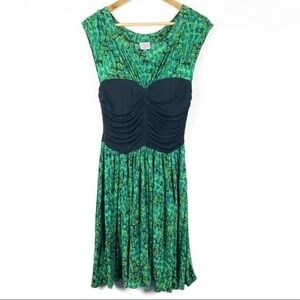 Plenty by Tracy Reese Green Print Ruched Bust Fit & Flare Dress Women's L Boho